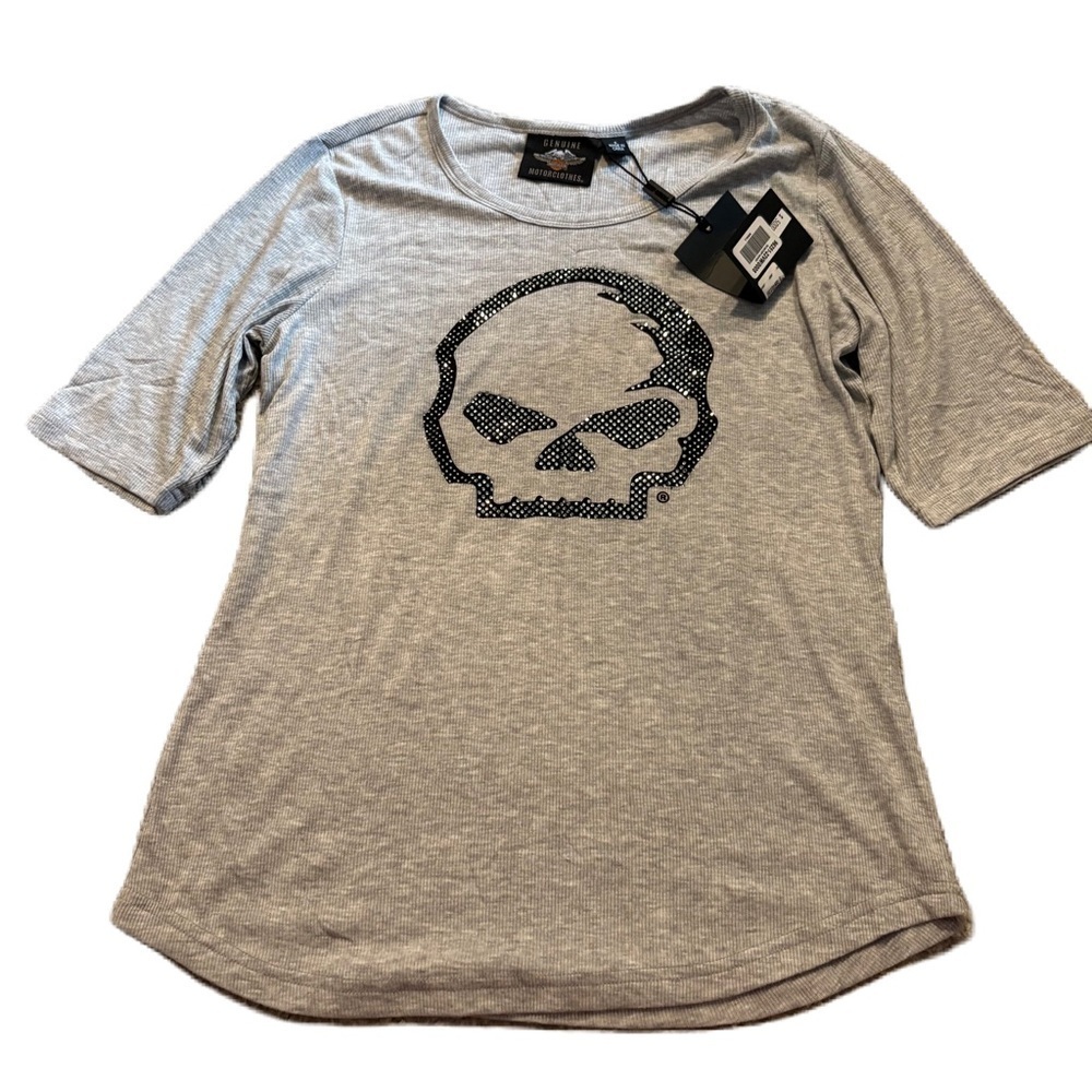Harley Davidson WILLE G SKULL SCOOP NECK GRAPHIC TEE W/ RHINESTONES Gray NEW S